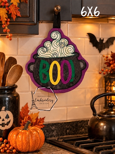 Boo! Cauldron Hot Pad Embroidery Design - 6x6